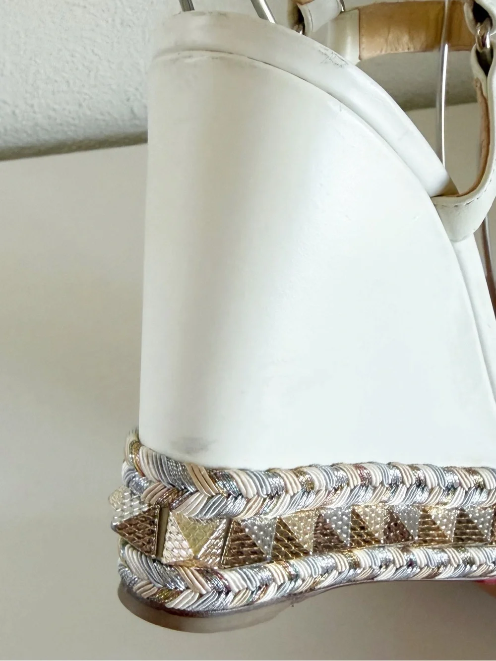 Christian Louboutin Pyraclou Latte White Studded Wedge Sandals Size EU 38